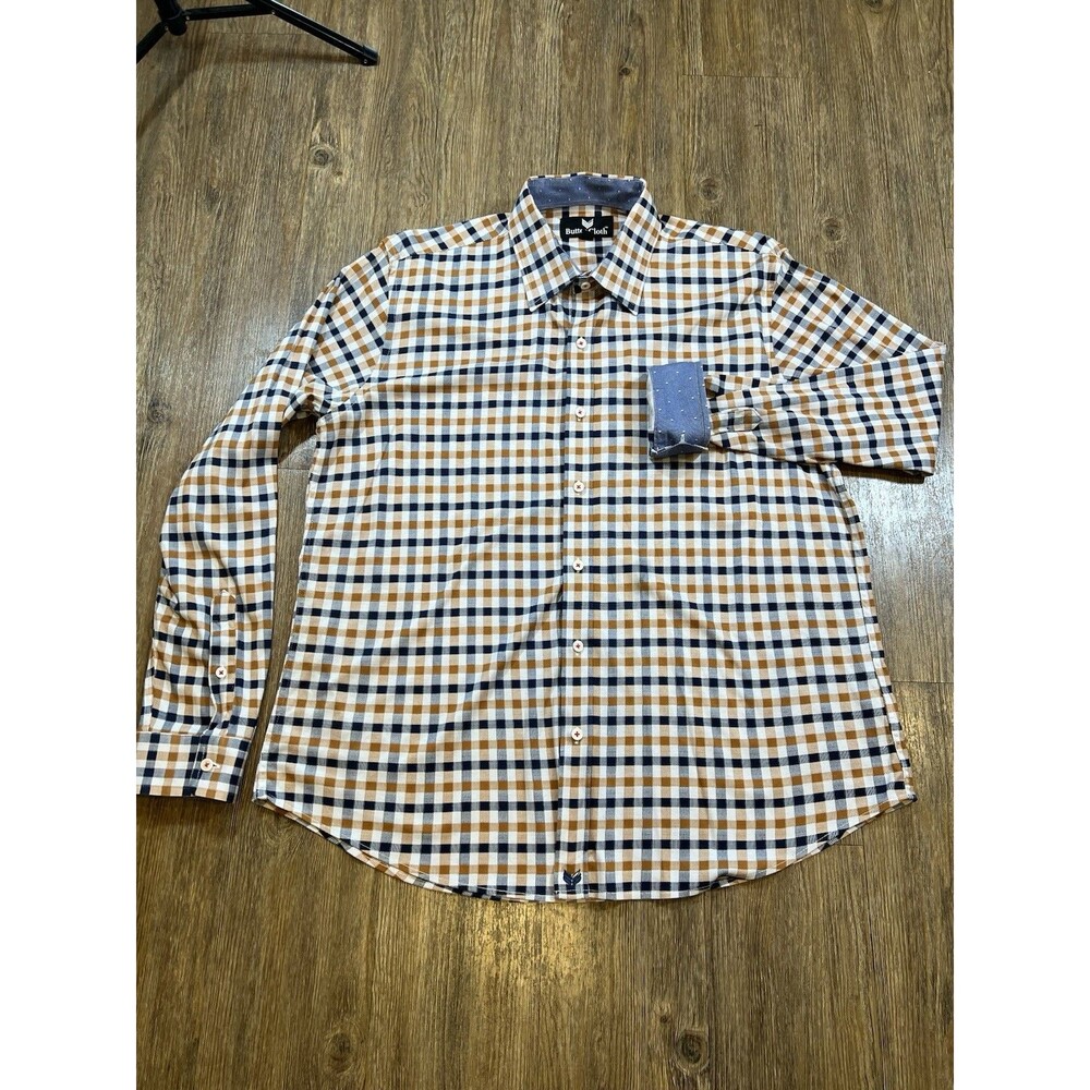 Butter Cloth Shirt Mens Large Performance Stretch Plaid Flip Cuff Knit L